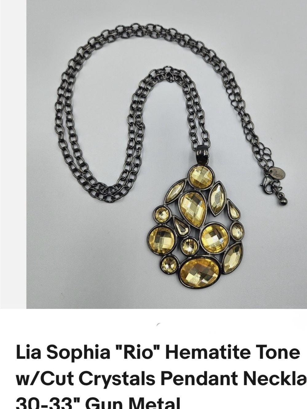 Lia Sophia Gunmetal Necklace with Yellow Crystal Teardrop Cluster Pendant